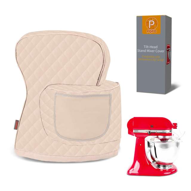 Stand Mixer Cover Compatible with KitchenAid 3.5-5 Quart Tilt-Head Mixer, Quilted Waterproof Appliance Dust Protector with Storage Pocket(Khaki)