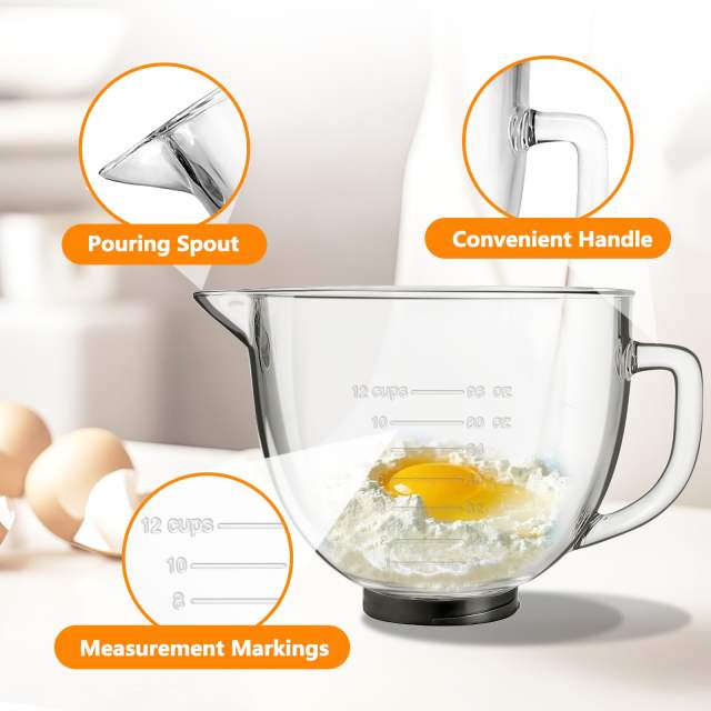 5 Quart Glass Mixing Bowls Compatible with 4.5&5 KitchenAid Stand Mixer,Allows Placing it in the Refrigerator