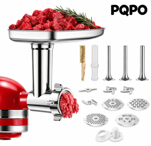 PQPO Food Grinder Attachments for KitchenAid Stand Mixers, Meat Grinder and Sausage Stuffer, Heavy Duty Stainless Steel, Silver, 15-Piece