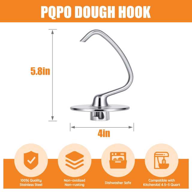 PQPO Stand Mixer Dough Hook Attachment Spiral Stainless Steel 1 Pack Compatible with KitchenAid 4.5-5 Quart Mixers