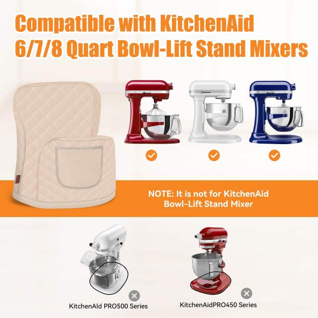 PQPO Stand Mixer Cover For TiKitchenAid 6-8 Quart Bowl-Lift Mixer, Quilted Waterproof Appliance Dust Protector with Storage Pocket