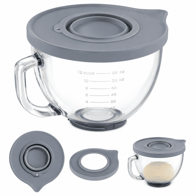 5 Quart Clear Glass Mixing Bowl With Grey Sealing Lid, Stand Mixer Replacement Bowl With Handle & Measuring Scale