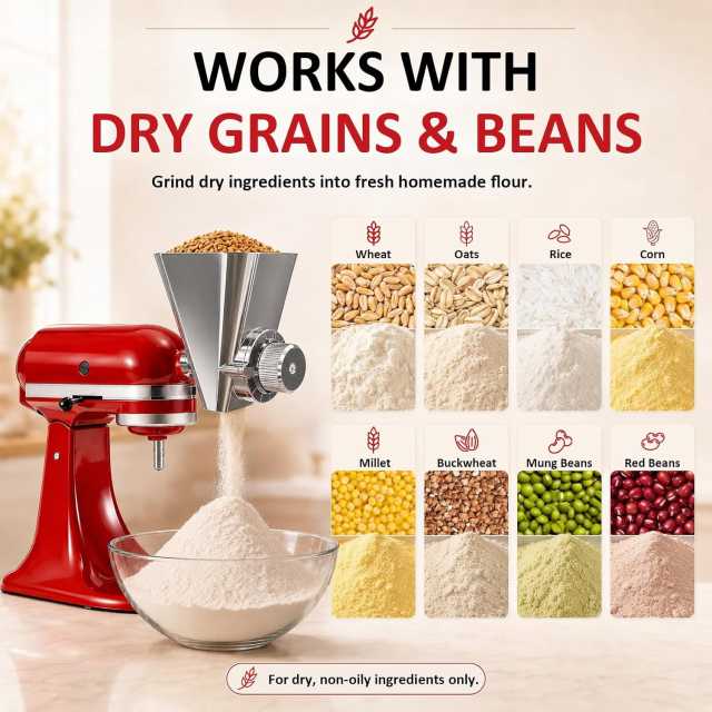 PQPO Grain Mill Attachment All Metal 9 Levels Flour Mill for KitchenAid Stand Mixer