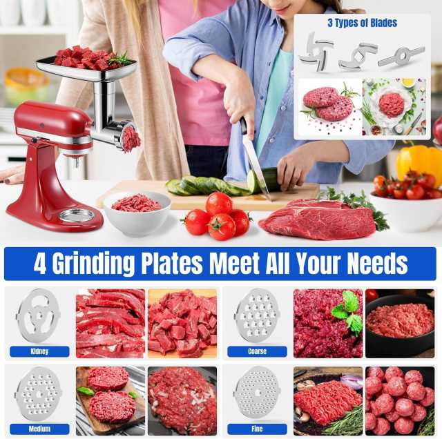 PQPO Metal Food Grinder Attachments for KitchenAid Stand Mixers, Meat Grinder & Sausage Stuffer, 15-Piece Accessories Set, All Metal Design, Silver (Mixer Not Included)