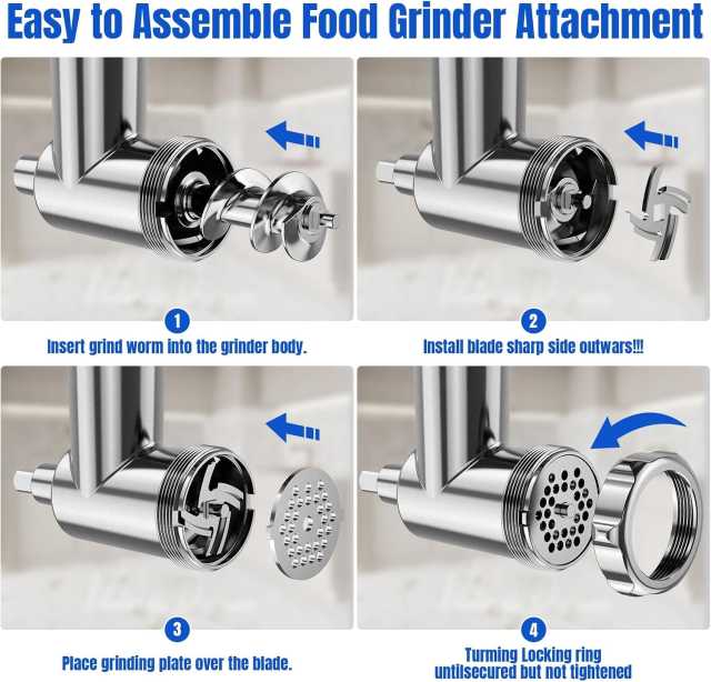 PQPO Metal Food Grinder Attachments for KitchenAid Stand Mixers, Meat Grinder & Sausage Stuffer, 15-Piece Accessories Set, All Metal Design, Silver (Mixer Not Included)