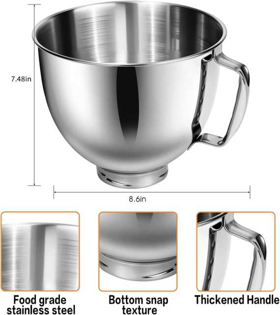 PQPO 5QT Food-Grade Stainless Steel Mixer Bowl Compatible with KitchenAid Tilt-Head Stand Mixers 4.5-5 Quart, Gold