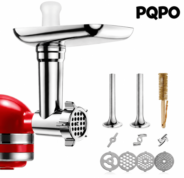 PQPO Metal Food Grinder Attachments for KitchenAid Stand Mixers, Meat Grinder & Sausage Stuffer, 15-Piece Accessories Set, All Metal Design, Silver (Mixer Not Included)
