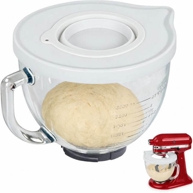 PQPO 5 Qt Clear Glass Mixing Bowl With Sealing Lid, Stand Mixer Replacement Bowl With Handle & Measuring Marks