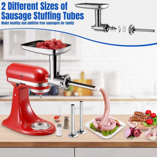 PQPO Metal Food Grinder Attachments for KitchenAid Stand Mixers, Meat Grinder & Sausage Stuffer, 15-Piece Accessories Set, All Metal Design, Silver (Mixer Not Included)