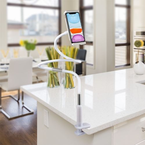 Flexible Gooseneck Arm Clip Phone and Tablet Holder, 51 inches, White
