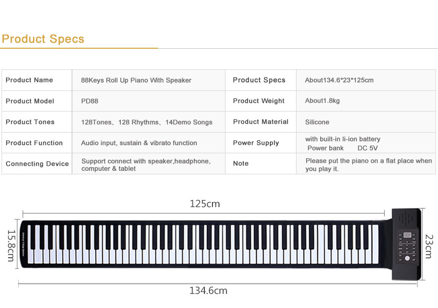 88 keys digital roll up piano with midi out function