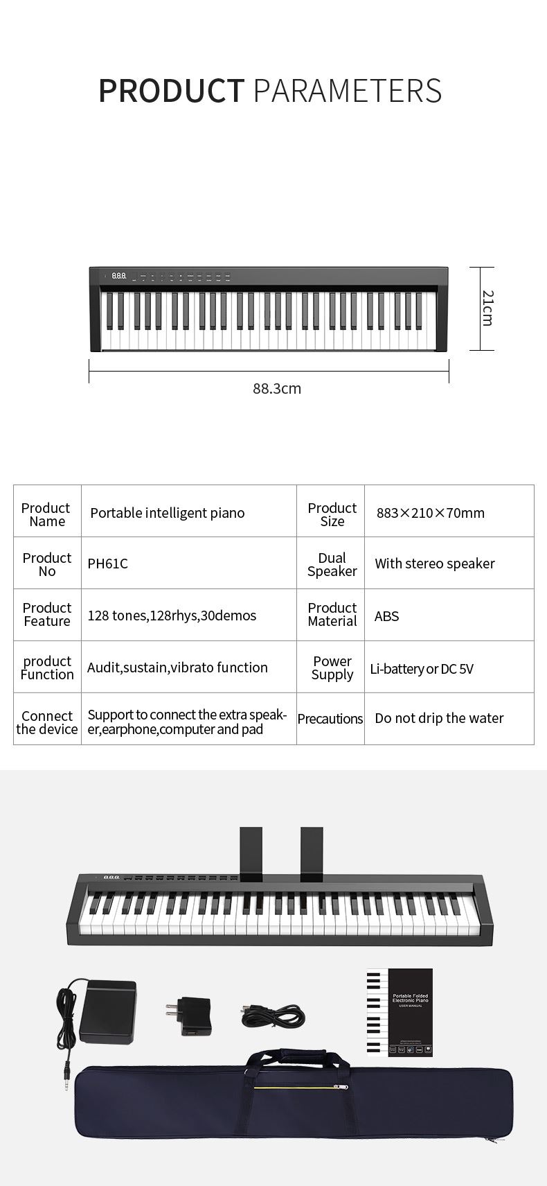 Elegant multifunction 61 keys travel Electronic Piano PH61C