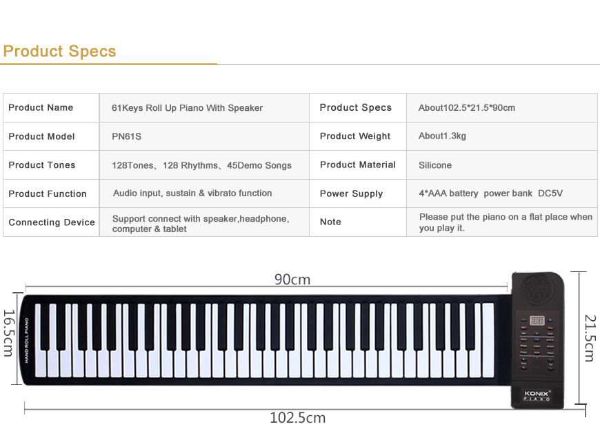 61 keys roll up piano PN61S with built-in speaker for children