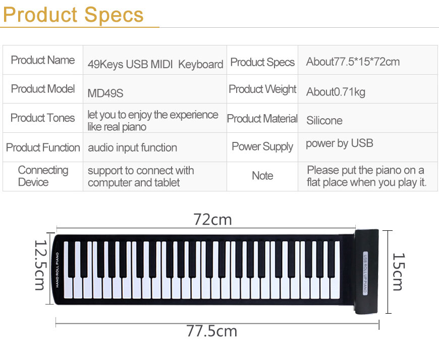 DIY MIDI Maker Series of Driver-Free 49 Keys MIDI Flexible Silicon Roll up Piano for Children & Professional Players