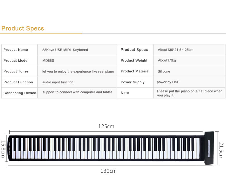 88Key USB Midi Flexible Keyboard Roll Up Piano with MIDI Editing Software