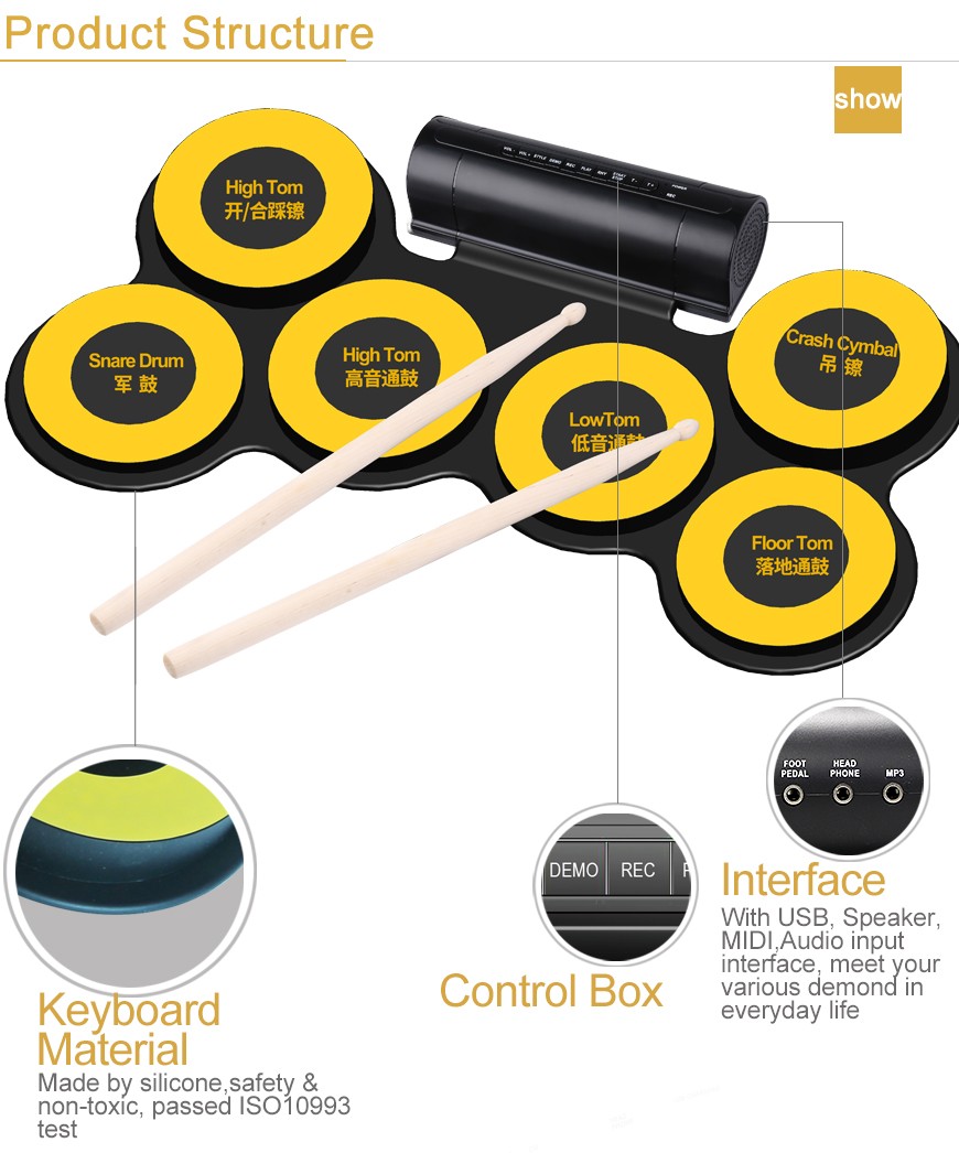 Portable Sillicon Drum Roll Up Drum Kit Roll Up Electronic Drum Set for Children G102
