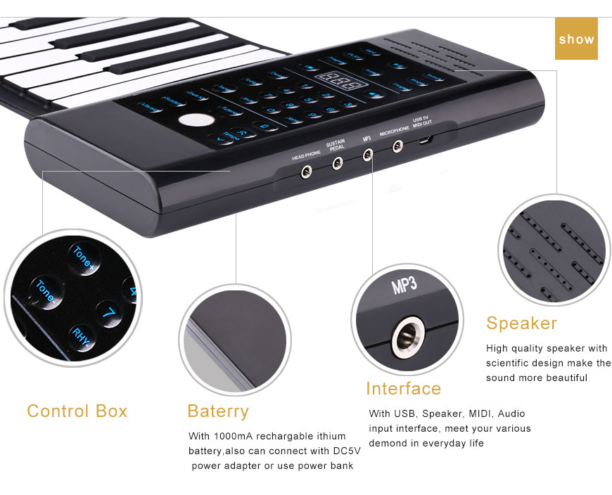 Roll up piano portable 61 key soft elastic electronic music keyboard piano built-in loudspeaker for beginners gift