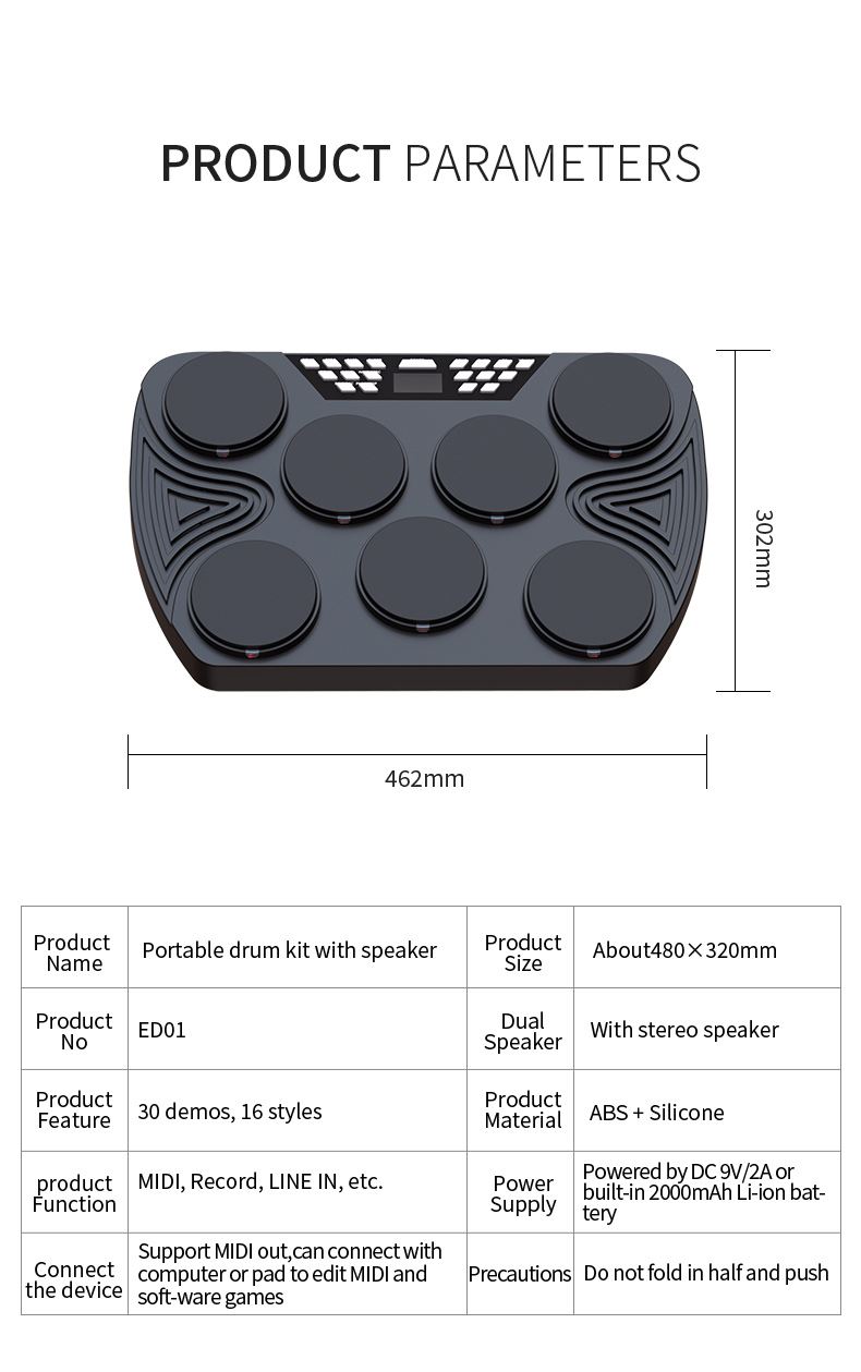 Newest miniature professional drum power by Ac adapter Or battery portable electronic drum set velocity-sensitive drum kit