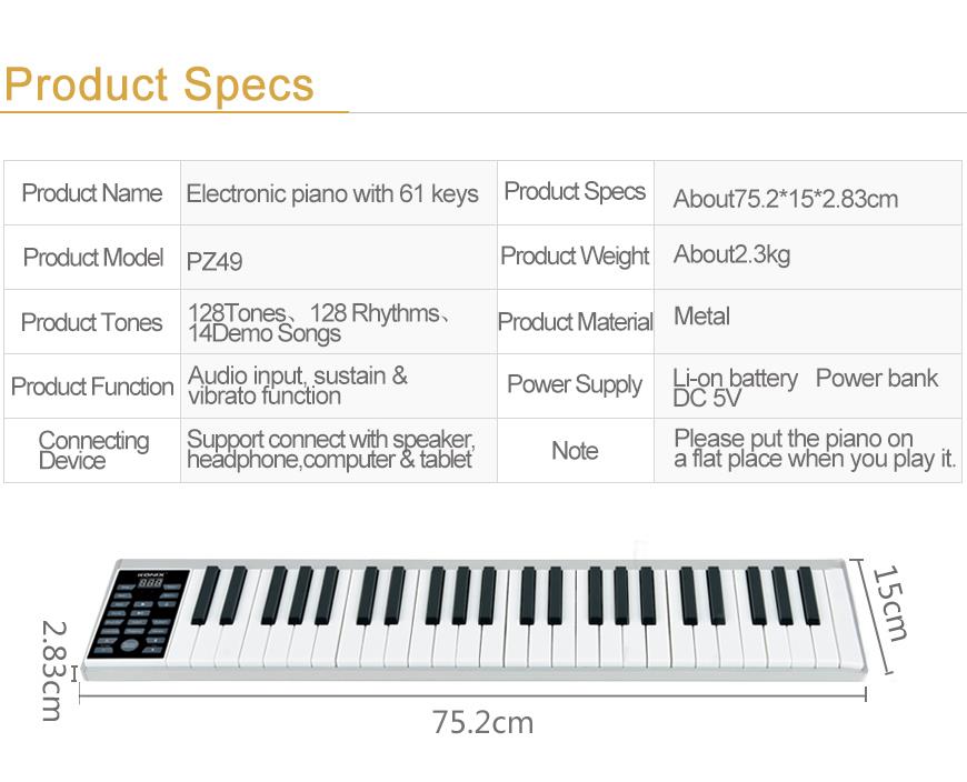 49 Keys electronic piano for newer portable piano with one speaker and battery