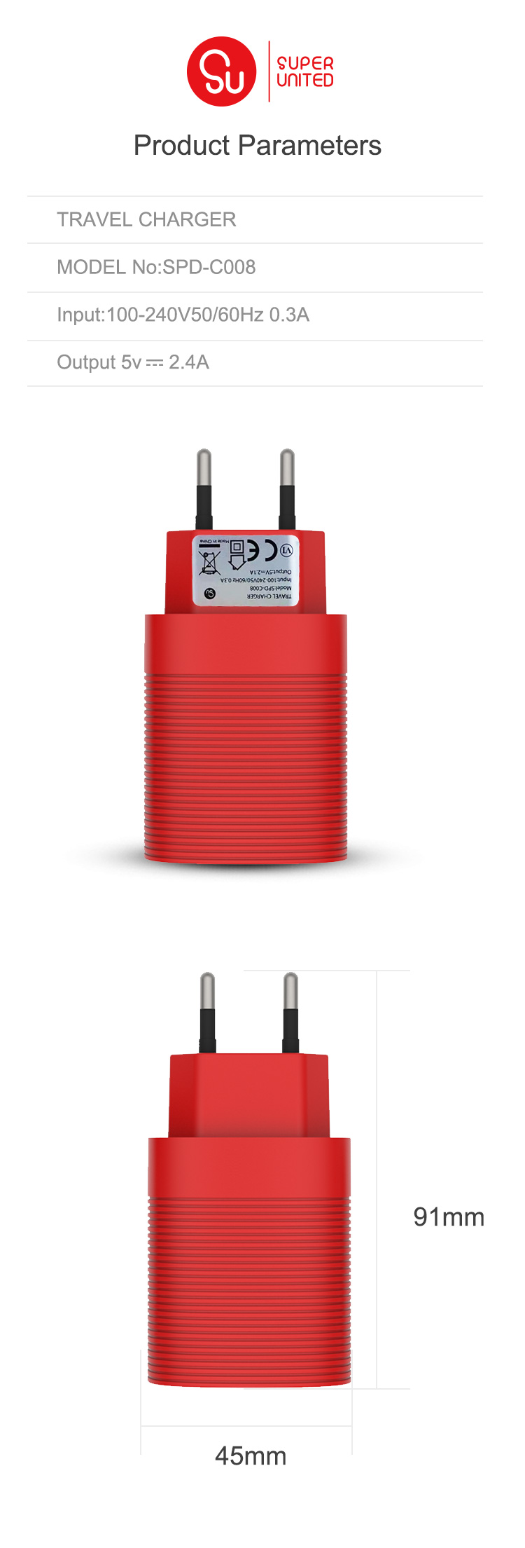 USB Travel Charger 5V2.4A Compatible with Smartphone/PAD/Portable Device