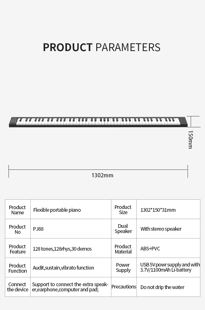 88KEYS FOLDABLE PIANO WITH DUAL SPEAKER AND BLUETOOTH MIDI PJ88