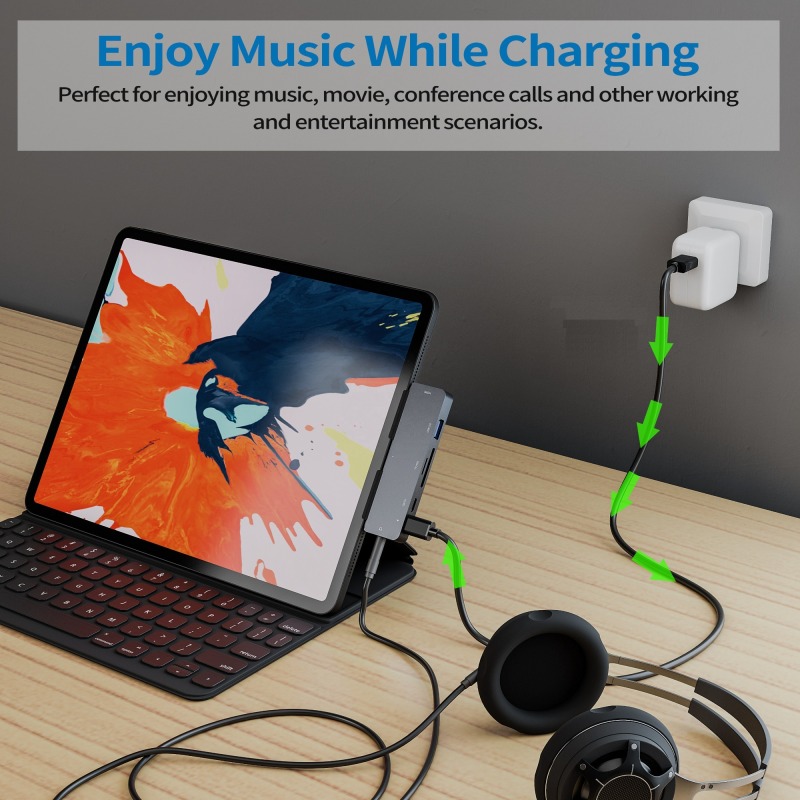 USB C Hub 7-in-1 Adapter for iPad Pro with 4K HD-MI, USB-C PD Charging