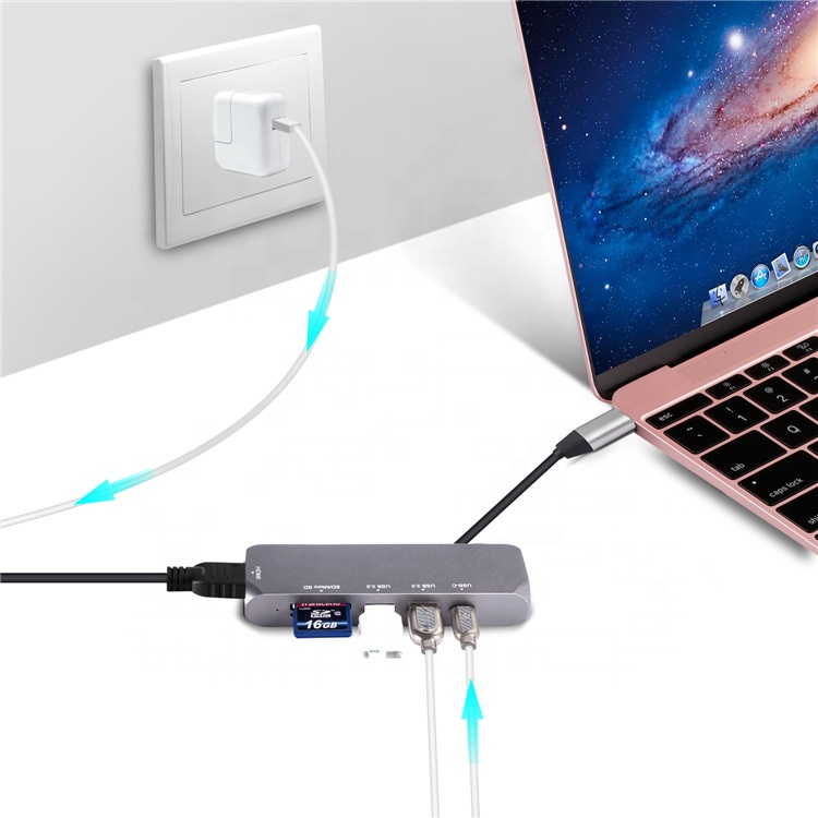 Usb Type C Hub Adapter 6 In 1 Type C Docking Station With PD/SD/TF/USB3.0*2