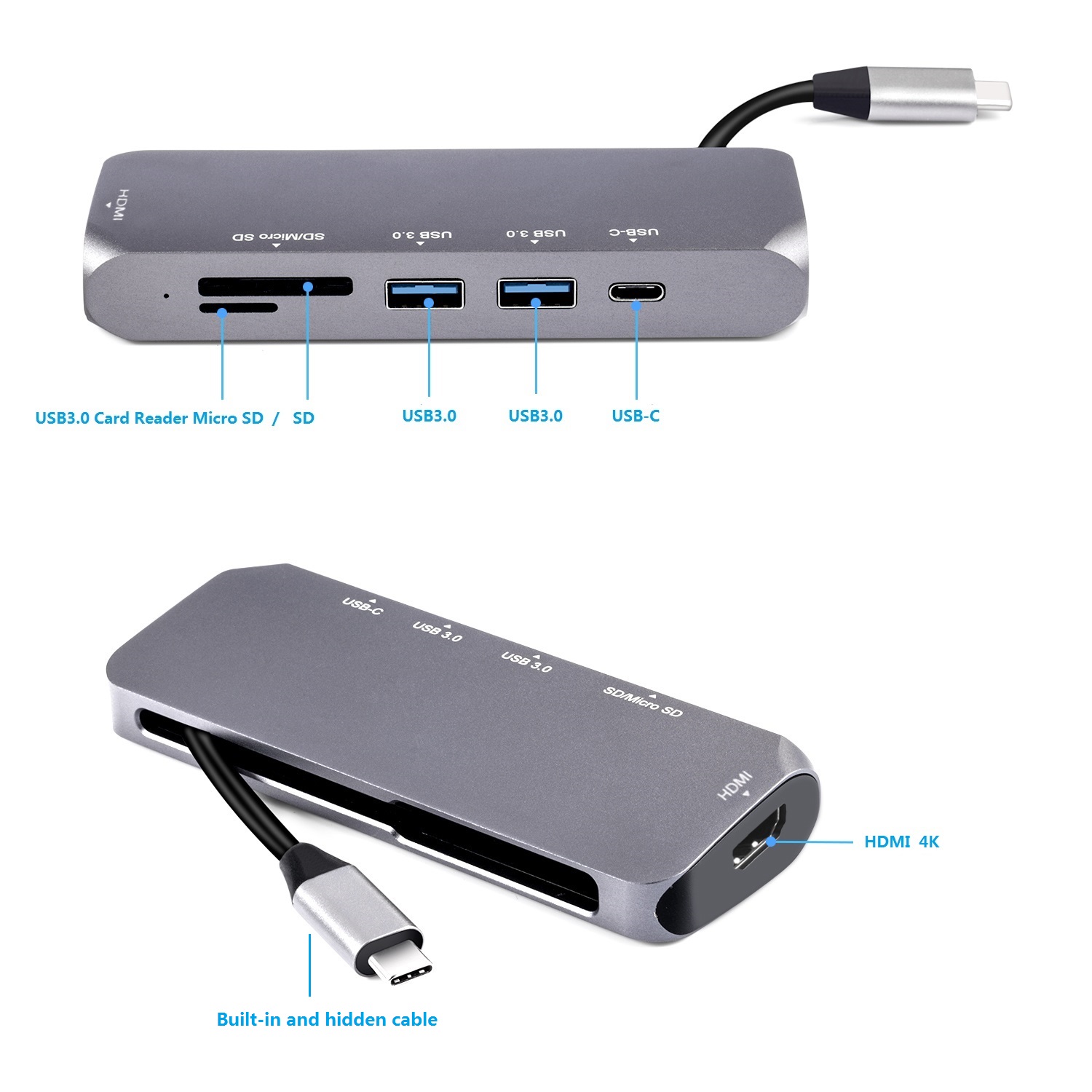 Usb Type C Hub Adapter 6 In 1 Type C Docking Station With PD/SD/TF/USB3.0*2