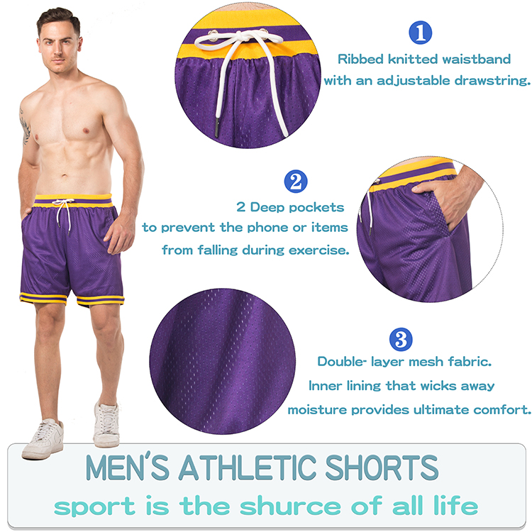 Custom Sublimated Embroidered Logo Polyester Mesh Purple Basketball Shorts