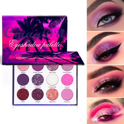 12 Colors Bright Glitter Eyeshadow Palette Natural High Pigmented Purple Pink Makeup Colorful Vibrant Make Up Pallets Kit (12 Colors Purple)