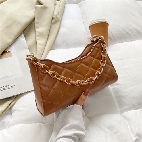 PU Baguette Bag, PVC + Metal Chain Handle, Lingge Quilted Bags, Fashion Sholder Bag Handbag for women