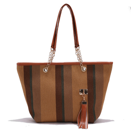 Canvas Tote Bag with fringe decoration, Striped design, Durable &amp; Wear-resistant, Fashion Shoulder Bags for Women