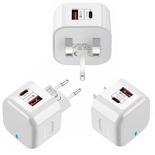 PD 充电头 20W 充电器英国美国欧盟 3 种插头快充 Type-C +USB 端口 2 合 1