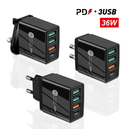 3 个 USB 端口 PD36W 快充 5V4A 欧盟美国插头阻燃充电头