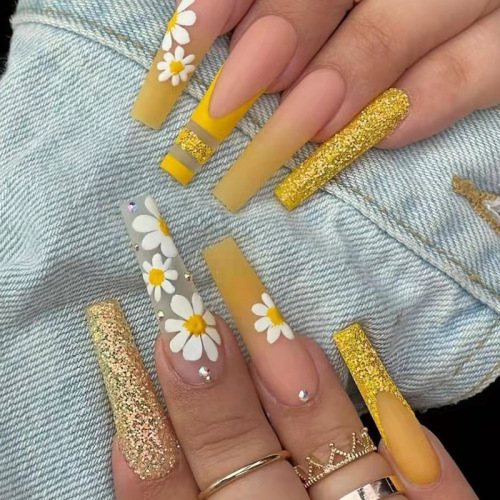 24Pcs Daisy Press sur les ongles Colle mate sur les ongles en acrylique Long Ballerina Nail Art Tips Brillant Strass Design Ongles pour les femmes et les filles