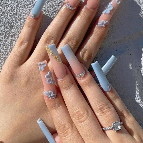 Glossy Blue Gradient False Nail 24PCS Nhấn lâu hơn trên móng tay Full Cover Ballerina Nail Flower Blue Nail Fake For DIY Nail Art Salon Women Girls