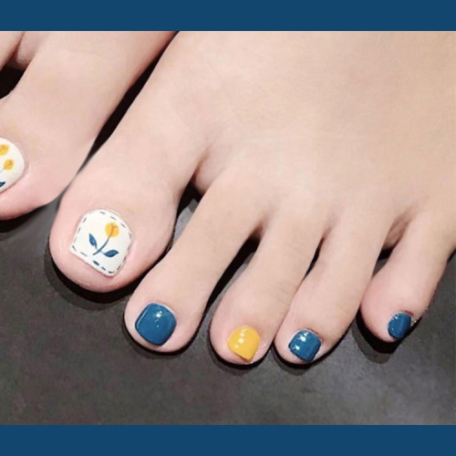 Flower Nail Art Toenail Yellow &amp; Blue, Fresh Press on Nails Foot Fake Toe Nails, Full Cover Artificial Acrylic False Toenails for Women and Girls(24Pcs)