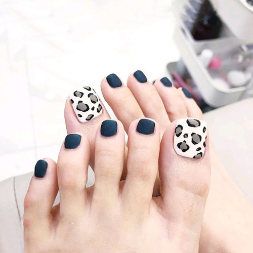 False Toe Nails Blue White Fake Toenails Press on Nails Leopard Print Square Toenail Full Cover Toe nail Art Artificial Toenails for Women and Girls(24Pcs)