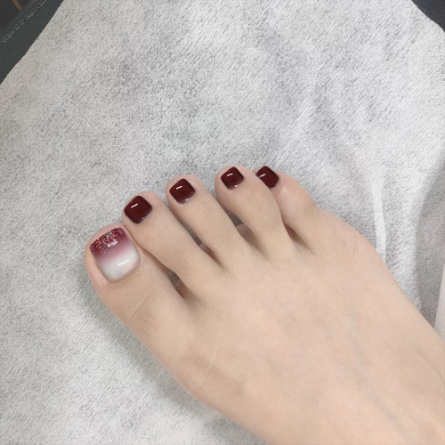 Burgundy Gradient Fake Nails 24 Full Cover Toe Nails Acrylic Fake Toe Nails Art Tips for Women and Girls, including tools