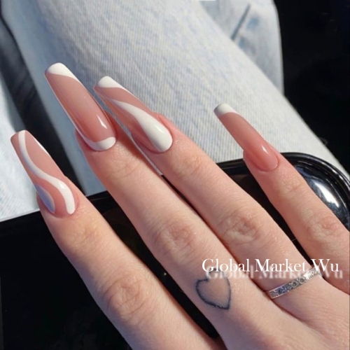 24 Pcs Acrylic False Nails,Press on Nails Extra Long,White Swirls Stick on Nails, Full Cover Artificial Fake Nails,Ballerina Glue on Nail Tips Set for Nail Salon Supplies