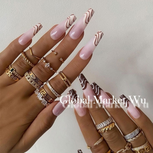 Abstract Line Press on Nails Pink Long False Nails Glossy Pre Designed Ballerina Fake Nails Tips Full Cover Artificial Nails for Women and Girls 24Pcs