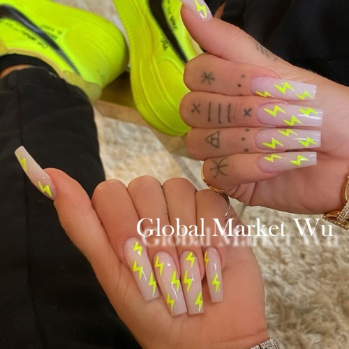 Ballerina Press on Nails Glossy Long False Nails Yellow Lightning Fake Nails Artificial Full Cover Fake Fingernails for Women