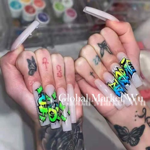 Press on Nails, Extra Long Fake Nails, Glossy Ballerina False Nails, Cool Graffiti Acrylic Nails with Glue for Women and Girls