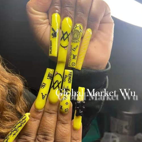24PCS Long Fake Nails Yellow Press on Nails French Tips Graffiti acrylics Full Cover False Nails for Women and Girls