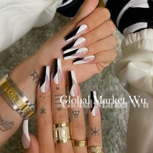 24 Pcs Press on Extra Long Fake Nails Ballerina Gradual Change Matte Coffin French Black White Design False Nails Glossy Acrylic Nails Decorate for Women and Girls Party and Home DIY (Black White)