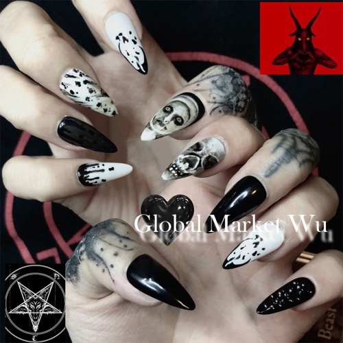 24Pcs Medium Stiletto Fake Nails Black Skull False Nails Punk Full Cover Artificial Press on Nails for Women and Girls