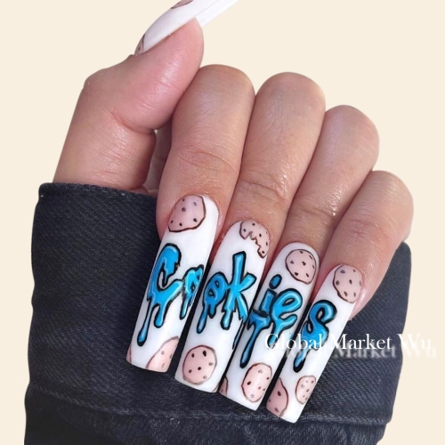 24Pcs Extra Long Press on Removable Wear Fake Nails Ballerina Super Long Coffin Art Manicure Full Cover Acrylic False Nails Tips for Girls and Women (Cookies)