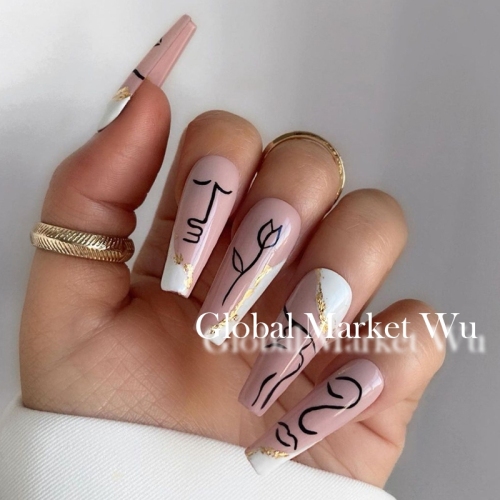 24Pcs Long Press on Nails, Glossy Ballerina Graffiti Fake Nails, Abstract Lady Face &amp; Glitter with Design False Nails for Women and Girls