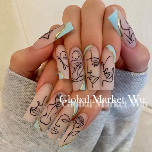 Extra Long Matte Press on Nails Nude French Fake Nails with Design Face Ballerina Acrylic Nails Art for Women and Girls 24Pcs