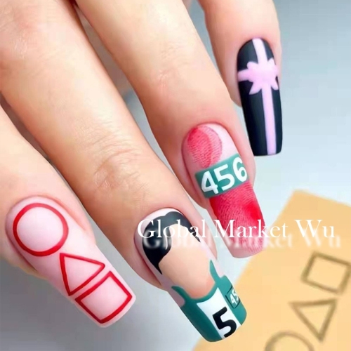 Number Fake Nails, Press on Nails with Designs, 24Pcs False Tips Manicure Glossy Full Cover Nails Sharp Acrylic for Women and Girls